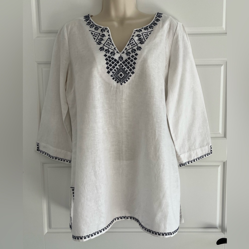 Anthro Fleur Bleue Linen Embroidered Tunic Dress Beach Cover Up Size Small Boho